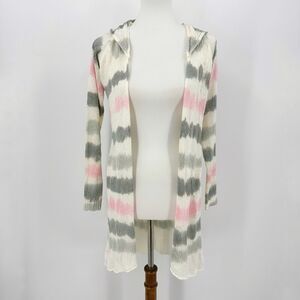 Olivia M Cardigan Sweater Size L Women Pink Gray Combo Hooded Knitted Open Front